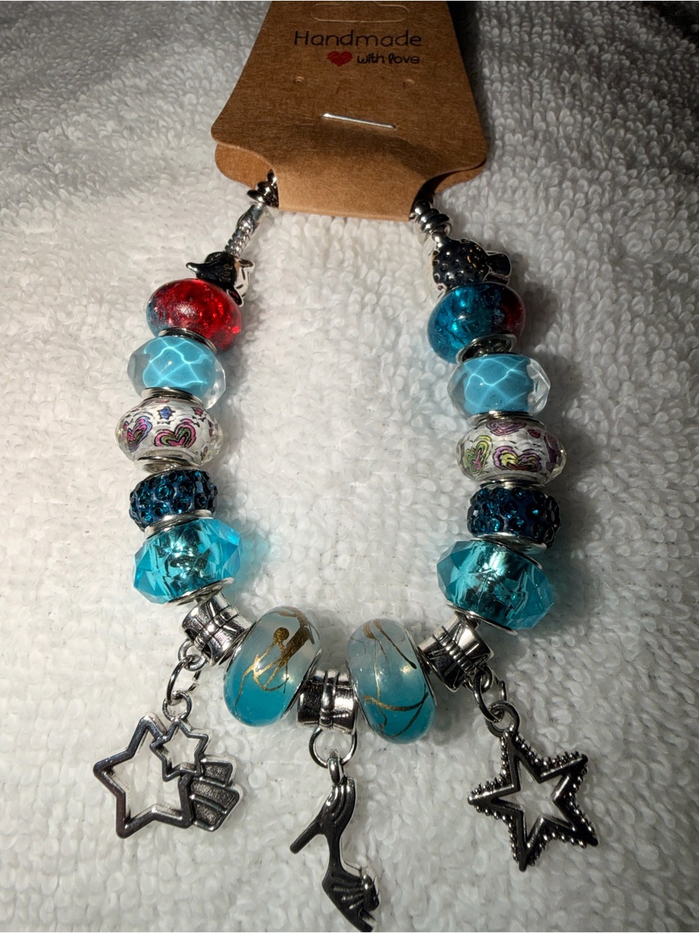 Handmade Turquoise & Red Glass Charm Bracelet with Star & Shoe Charms